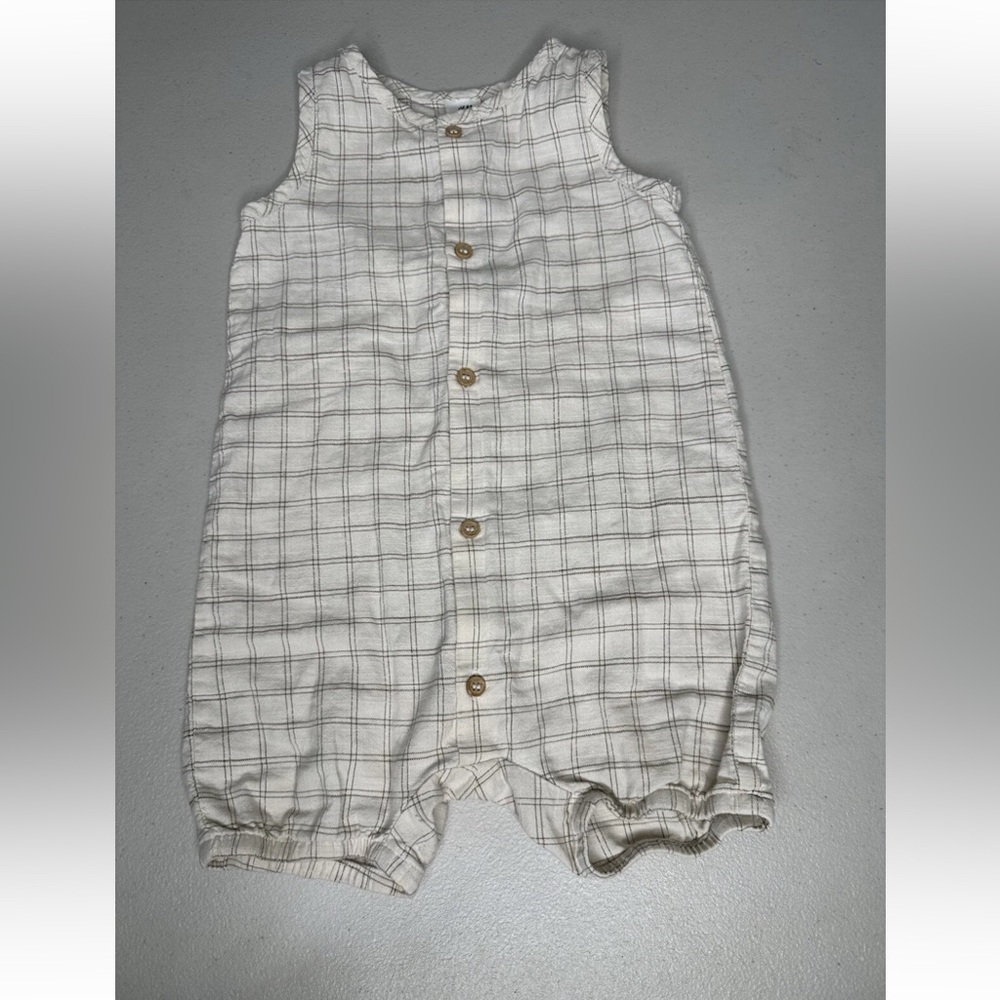H&M PLAID CREAM & BROWN INFANT BABY 100% COTTON BUTTON UP SHORTALL ROMPER 12 MOS